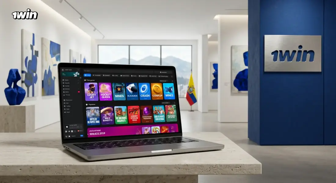 Laptop con el lobby de juegos de 1win sobre una mesa de galería, con la bandera de Ecuador al fondo